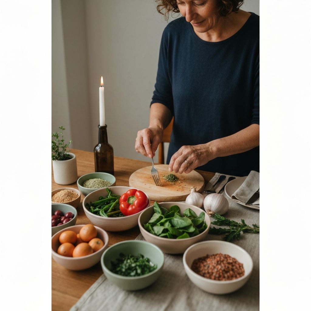 Warm table with nourishing food and preparation scene